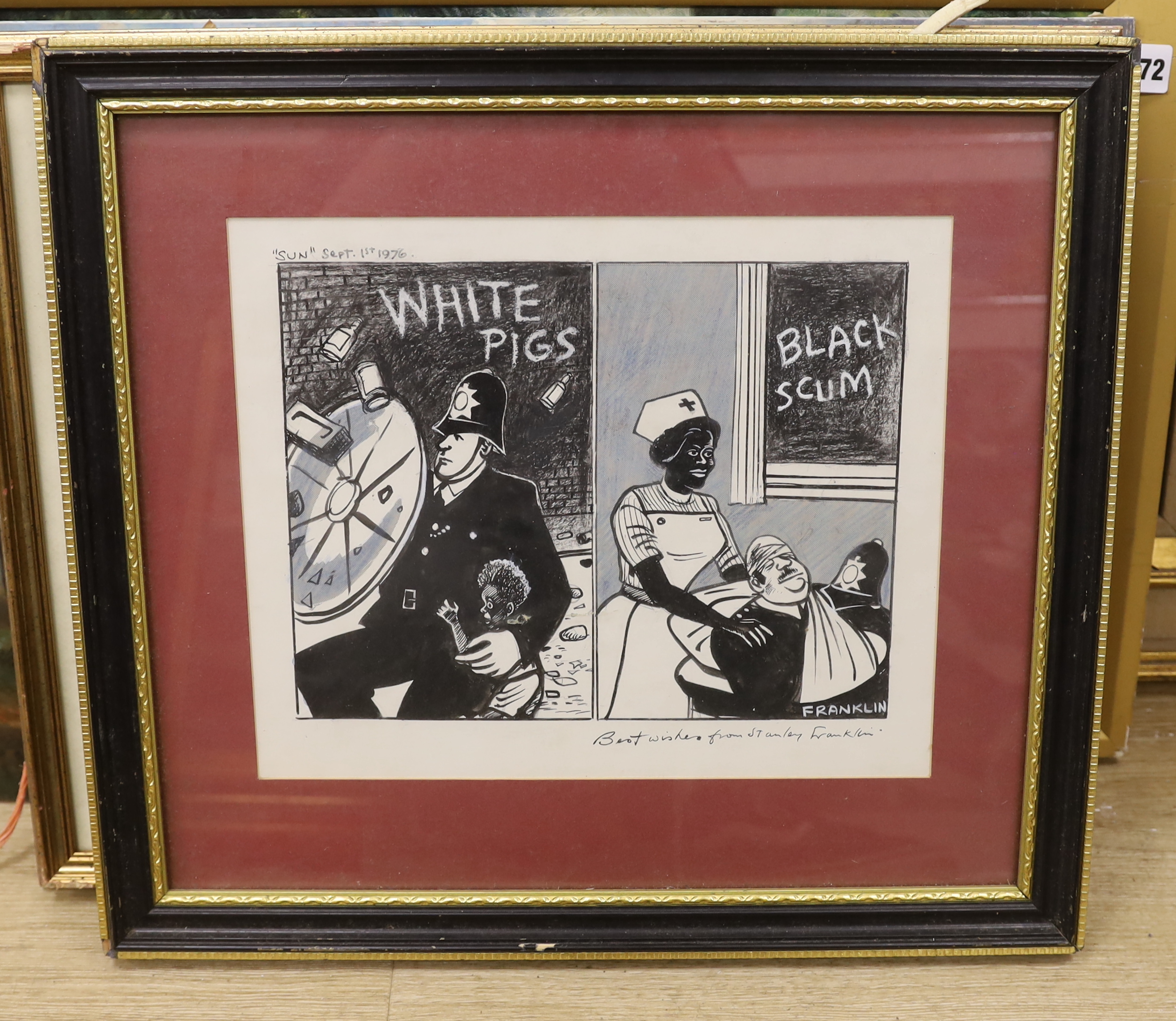 Stanley Franklin, mixed media, Cartoon for The Sun Newspaper, September 1st 1976, 'White Pigs / Black Scum', inscribed by the artist, 26 x 31cm